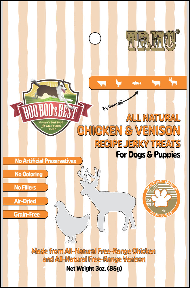 Boo Boo's Best Chicken & Venison Jerky Dog Treats 3oz Product Packaging Image