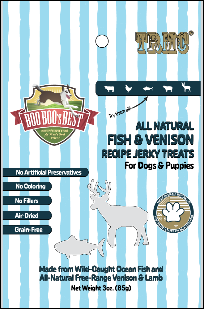 Boo Boo's Best Fish & Venison Jerky Dog Treats 3oz Product Packaging Image
