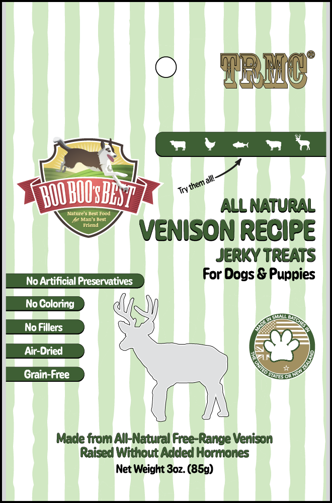 Boo Boo's Best Venison Jerky Dog Treats 3oz Product Packaging Image